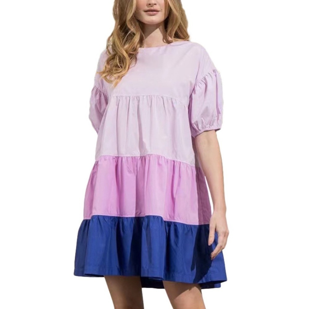 Aaron & Amber Tiered Colorblock Short Sleeve Babydoll Mini Dress Size Small